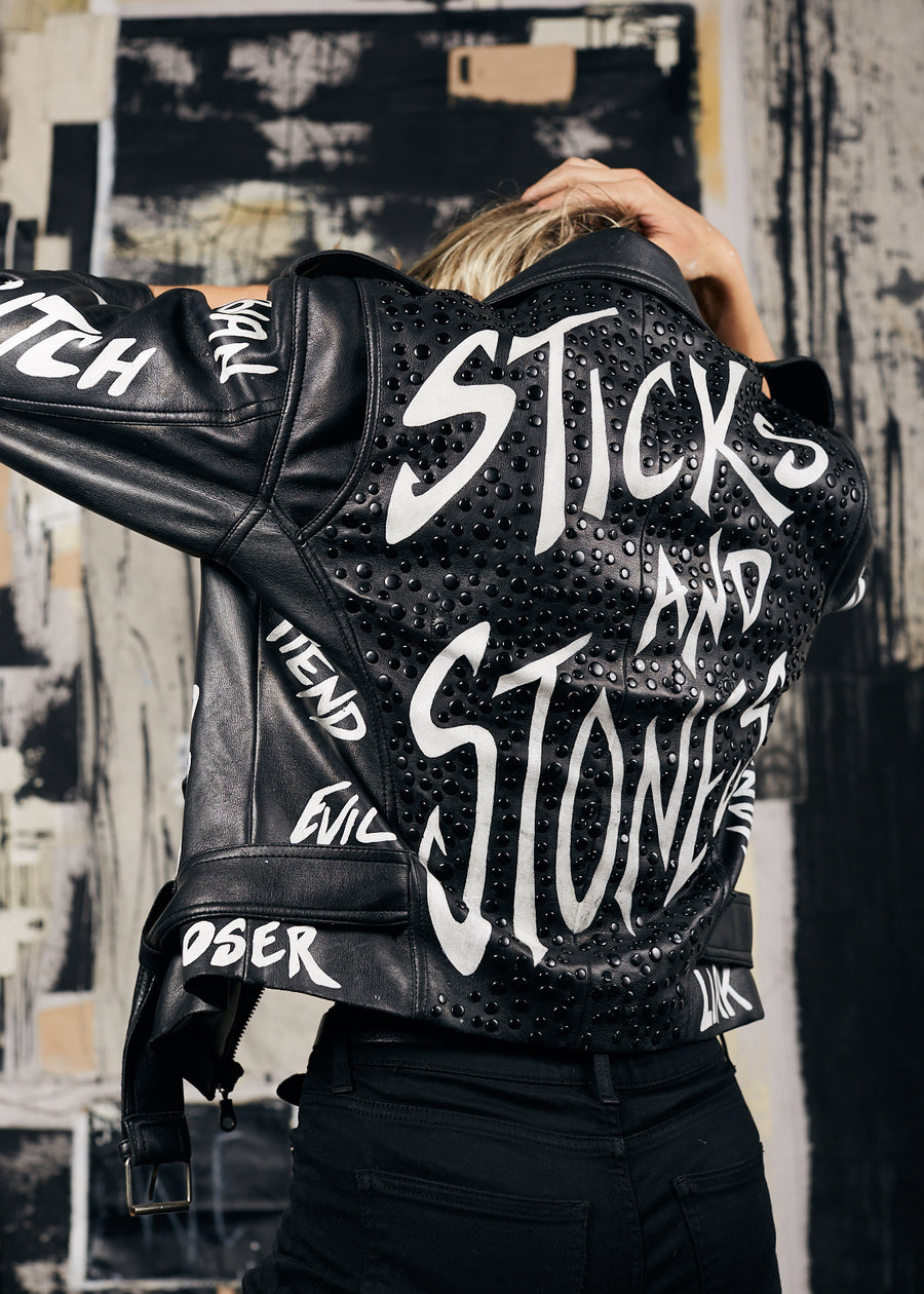 sticks and stones. a leather jacket.